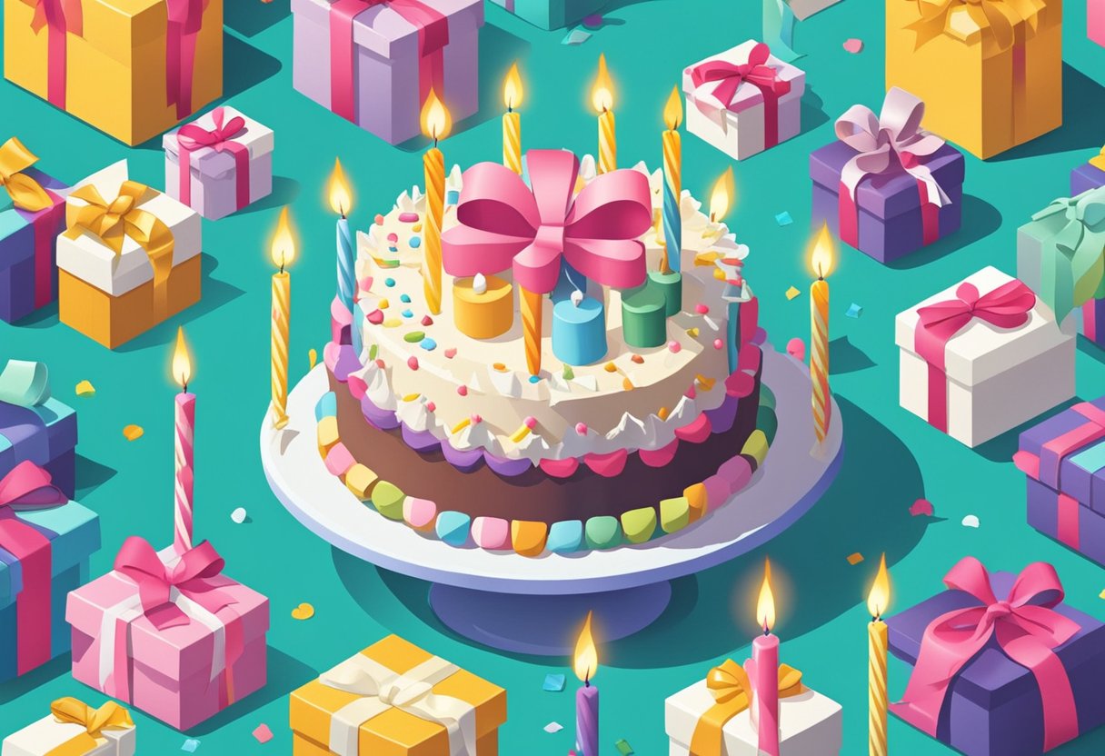 A birthday cake with 48 candles, a card with a heartfelt message, and a gift wrapped with a bow