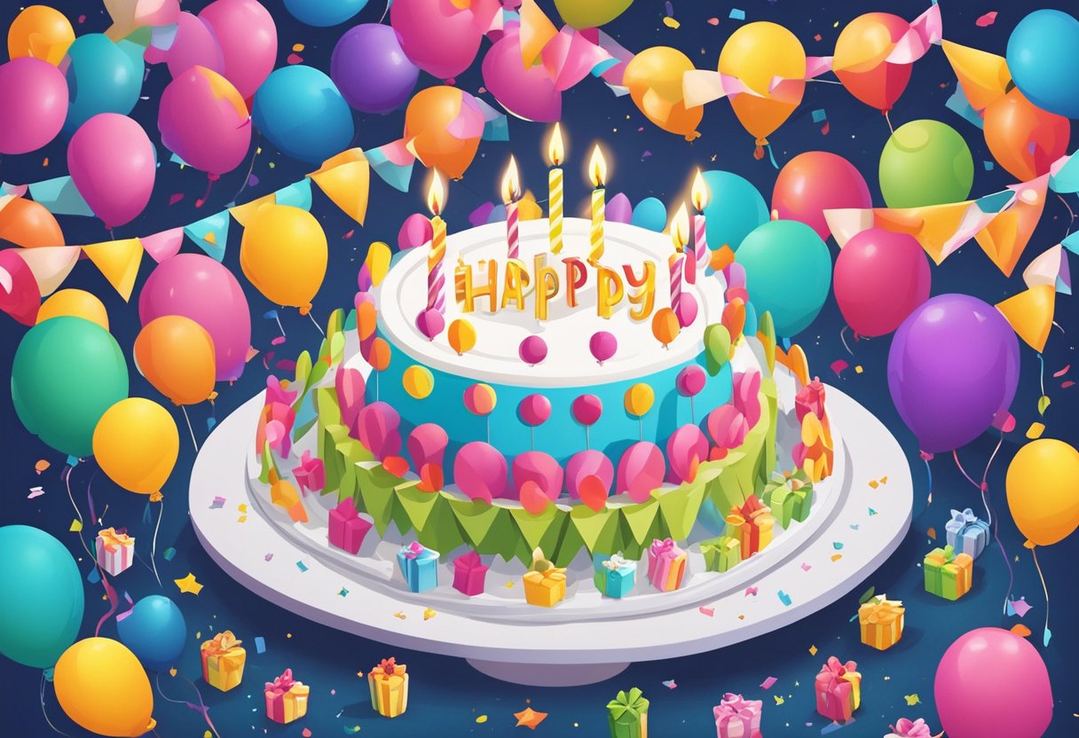 A colorful birthday card with a heartfelt message, surrounded by party decorations and a cake with 49 candles