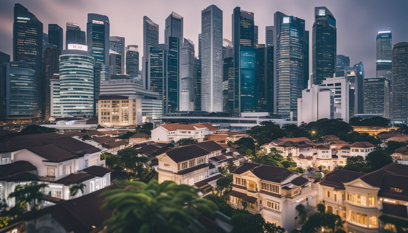 A bustling Singapore cityscape with various housing options, including high-rise apartments, townhouses, and traditional shophouses. A diverse mix of people exploring different neighborhoods and discussing housing options