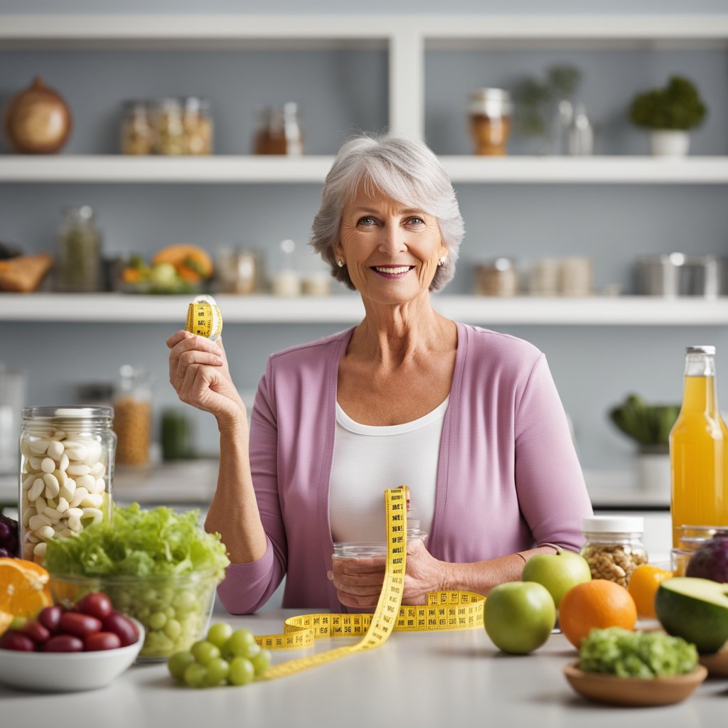 A woman over 50 holding a bottle of diet pills, surrounded by healthy foods and a tape measure