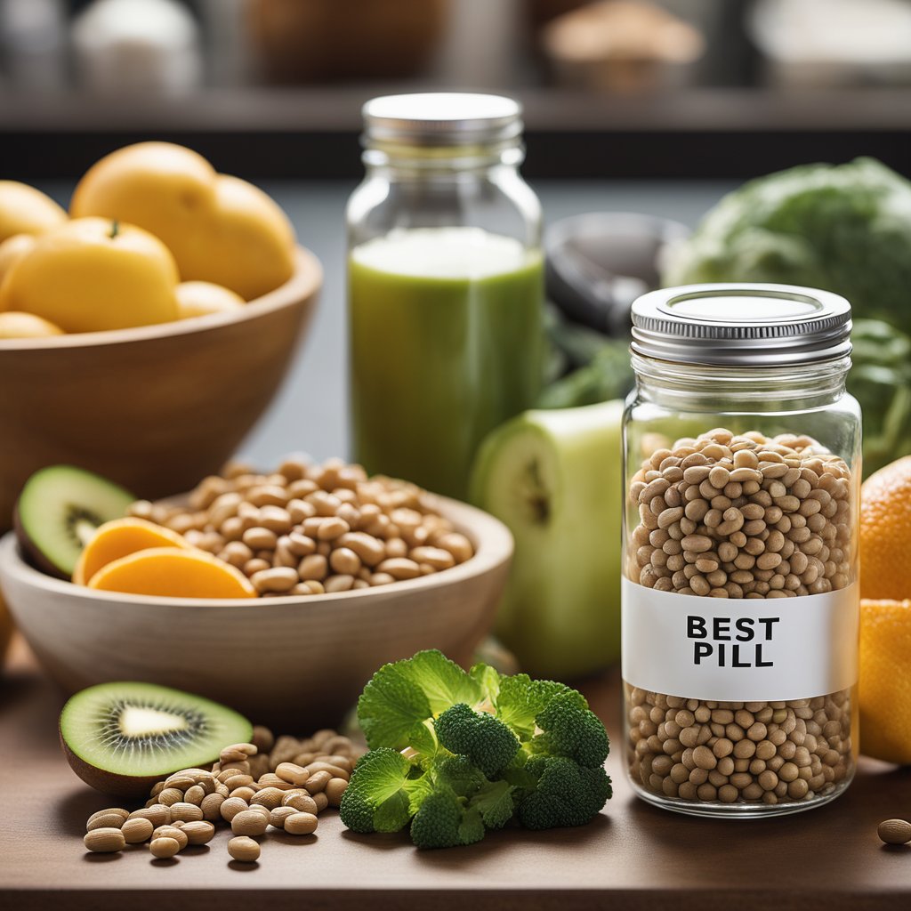 A diverse array of nutrient-rich foods, such as fruits, vegetables, whole grains, and lean proteins, are displayed on a table. A pill bottle labeled "best diet pill for women over 50" sits next to a glass of water