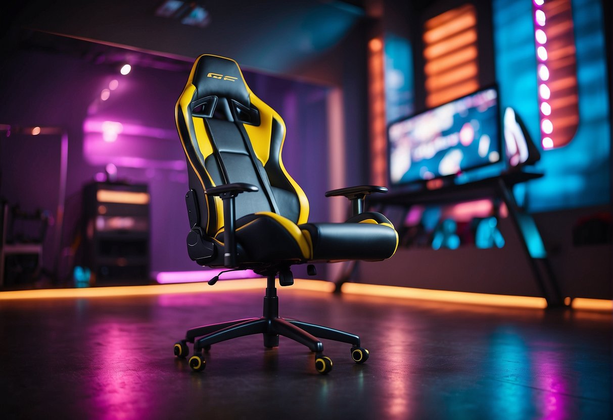 A sleek S-Racer gaming chair stands against a backdrop of vibrant colors, showcasing its modern and stylish design