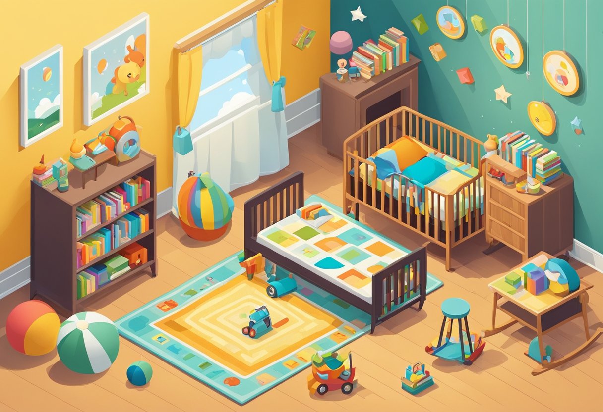 A baby's room with colorful toys and books scattered on the floor, a mobile hanging above the crib, and a cozy rocking chair in the corner
