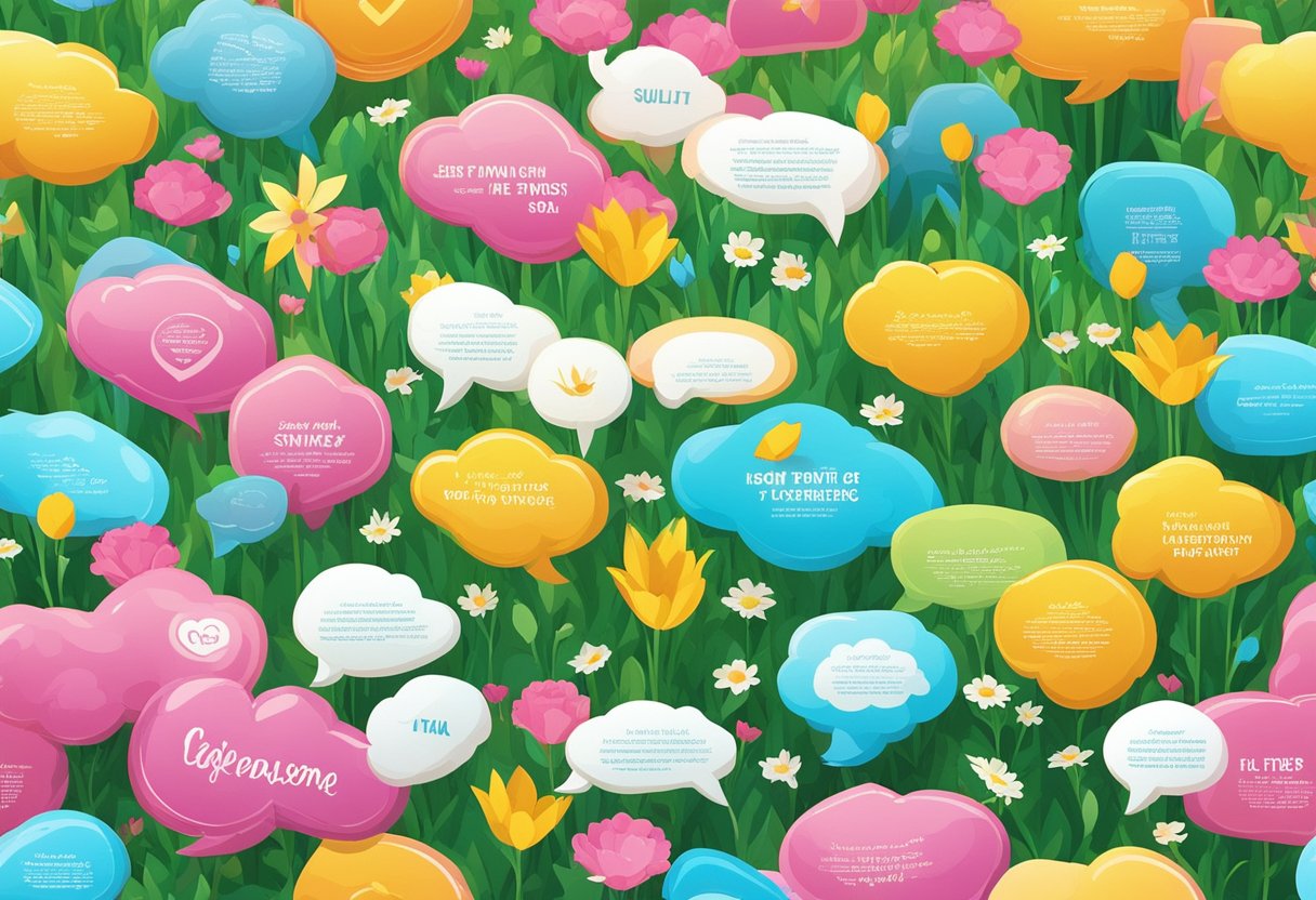 Colorful speech bubbles with uplifting quotes float above a field of blooming flowers. Sunlight beams down, casting a warm glow on the scene
