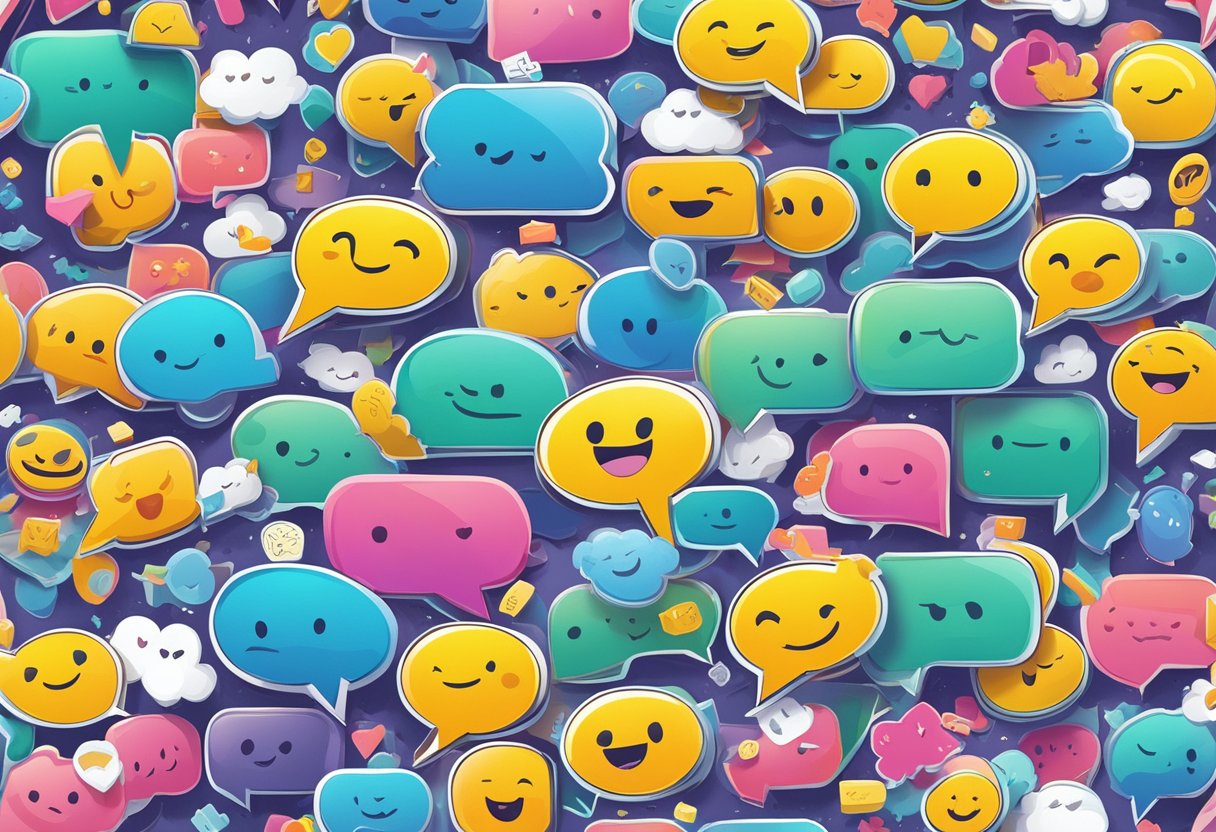A colorful array of speech bubbles with quotes from 51-75, floating in the air, surrounded by happy, smiling emojis