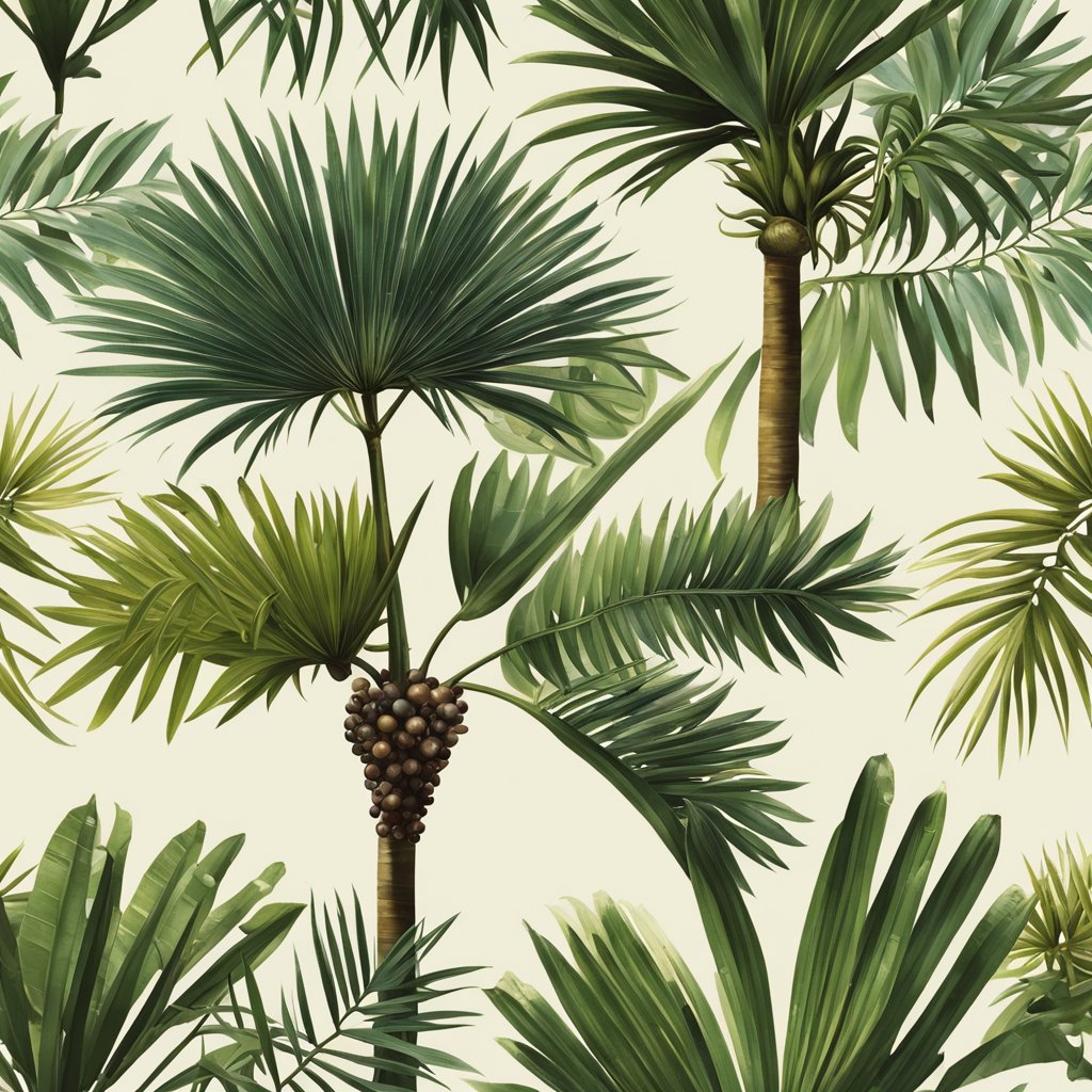 Saw palmetto plant with ripe berries and leaves, surrounded by historical texts and botanical illustrations