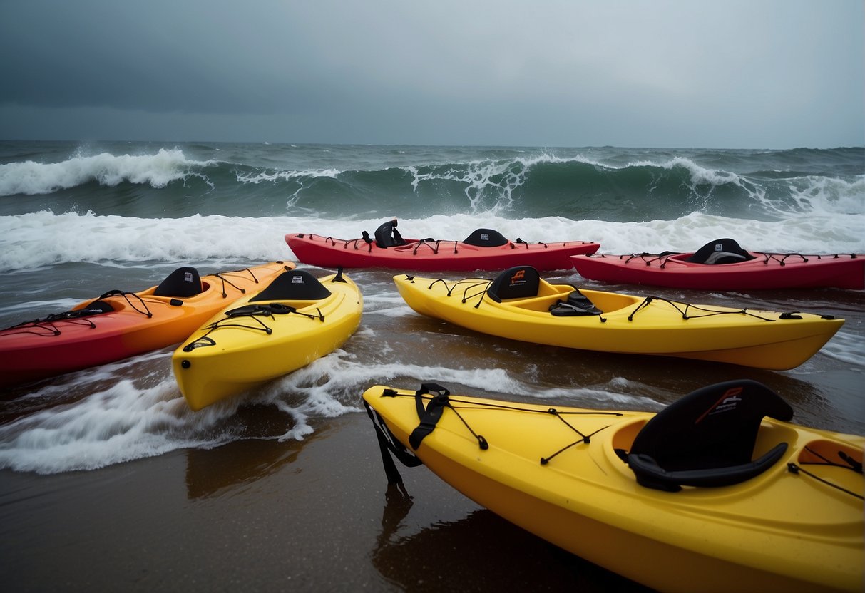 Waves crash against red and yellow kayaks, as they ride the stormy waters of Hurricane Kayaks