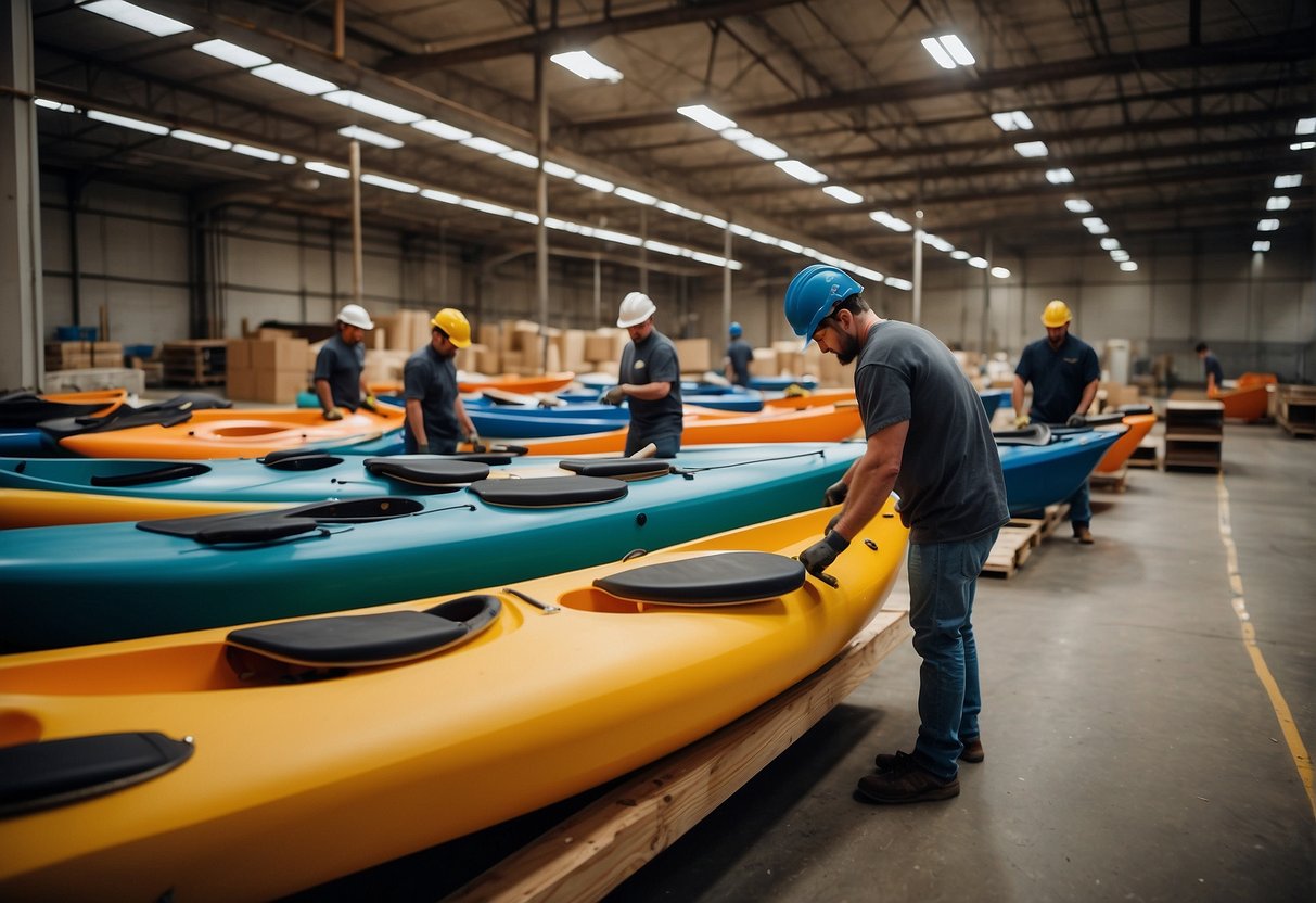 A team of workers constructs Hurricane Kayaks in a spacious warehouse, using various tools and materials. The kayaks are taking shape, with sleek lines and sturdy construction
