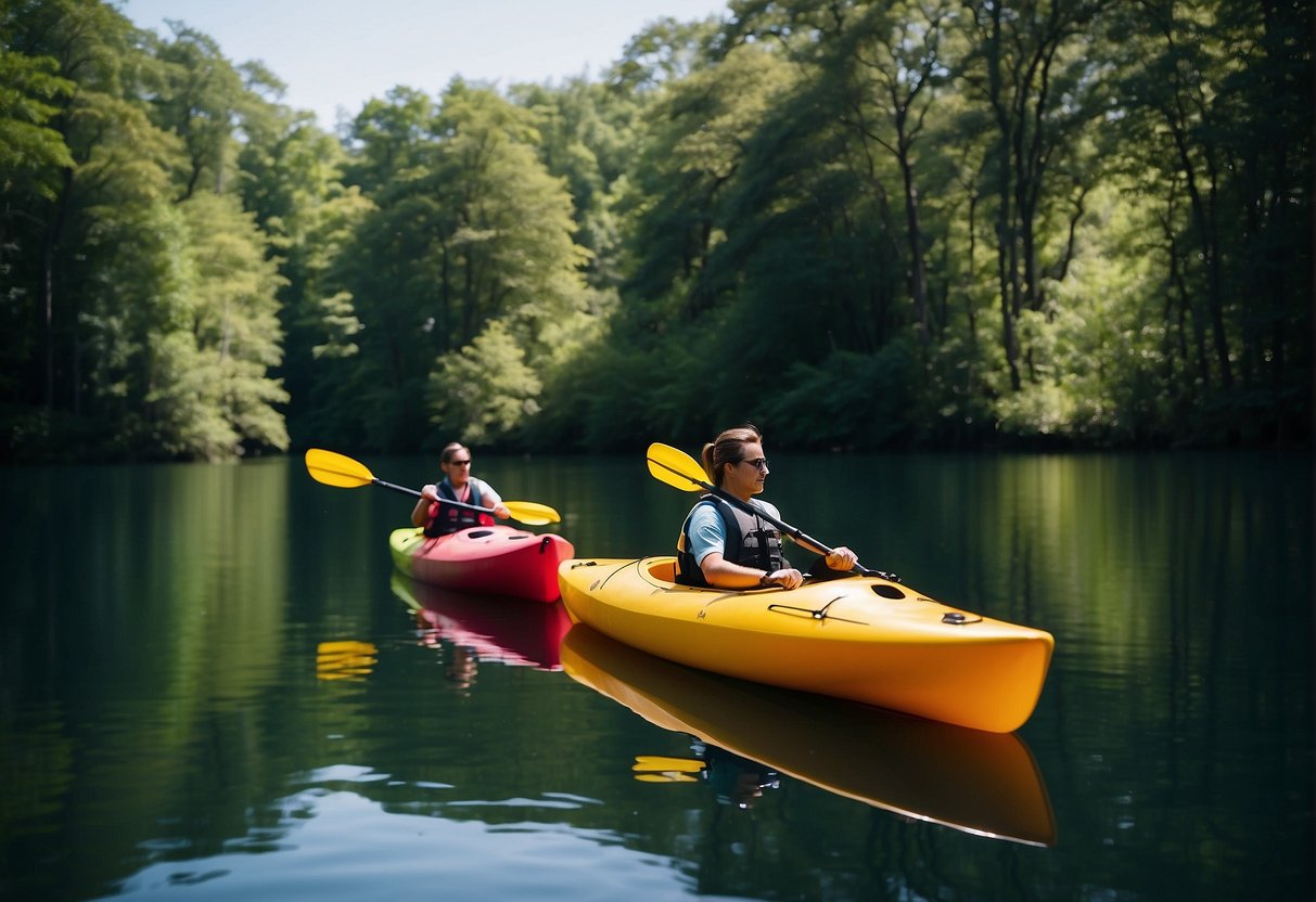 Two colorful Hurricane kayaks gliding on calm water, surrounded by lush green trees and a clear blue sky