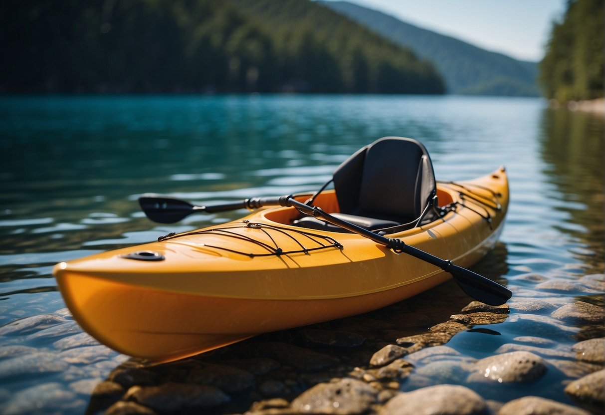 A sleek, durable kayak made from recycled materials glides through crystal-clear waters, showcasing the perfect blend of material benefits and sustainability