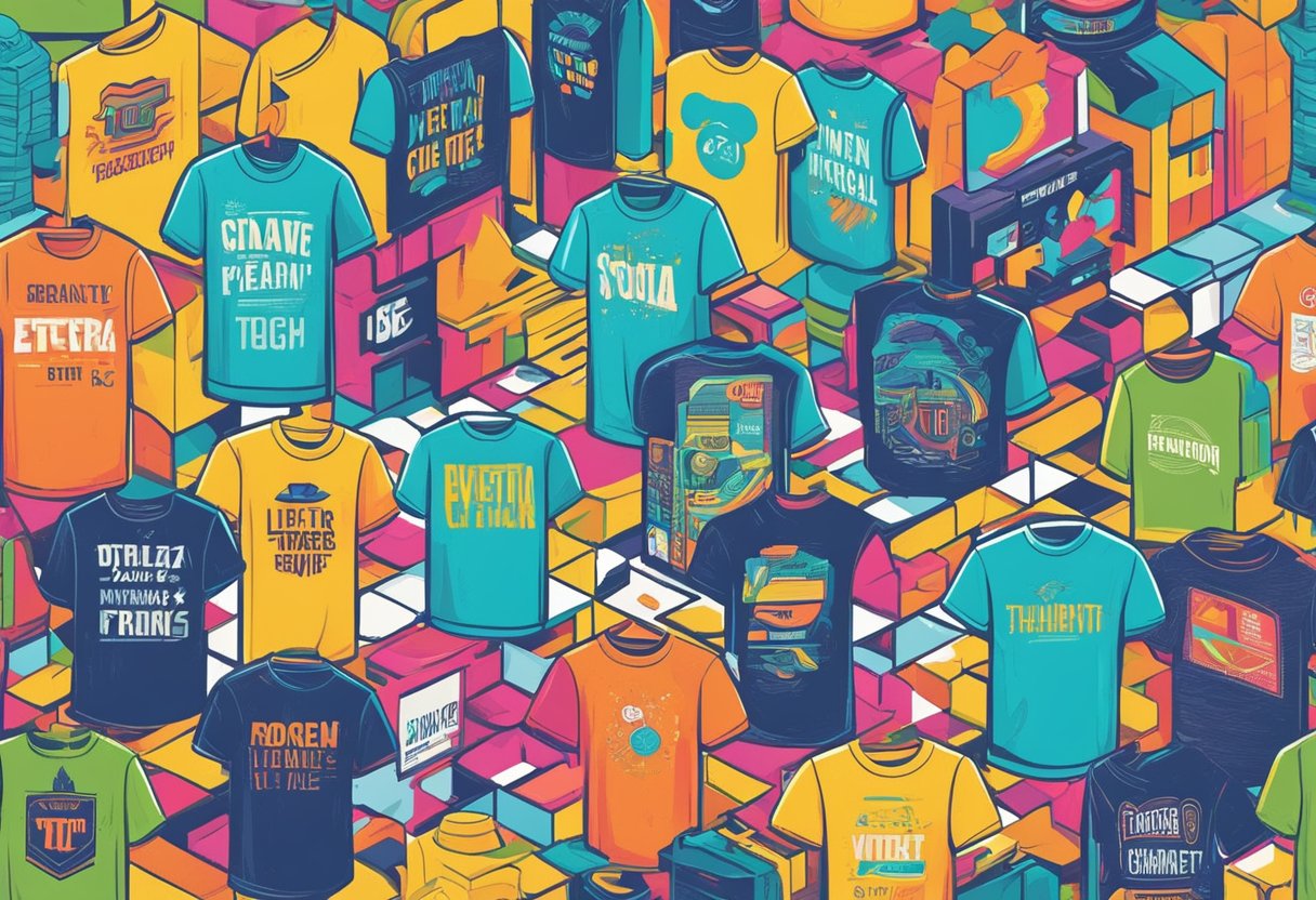 A vibrant t-shirt with bold typography and colorful graphics, showcasing various quote ideas related to marketing and branding