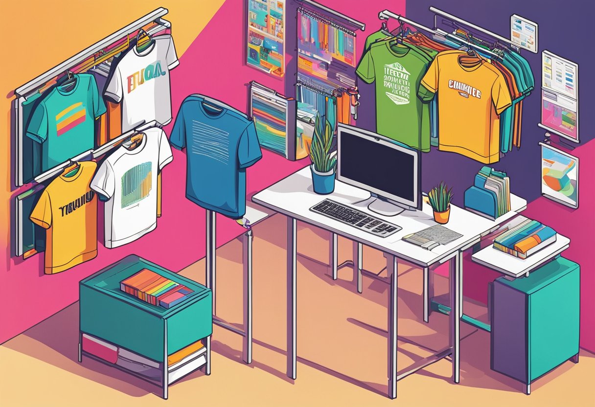 A vibrant t-shirt design studio with a variety of colorful and bold quote ideas displayed on a computer screen and printed samples hanging on the wall