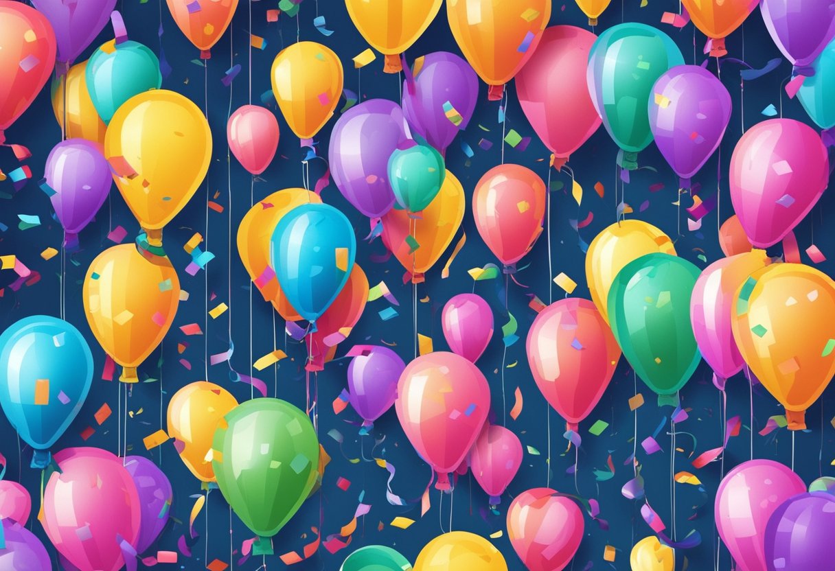 A group of colorful balloons with funny birthday quotes tied to their strings, floating in the air with confetti and streamers scattered around