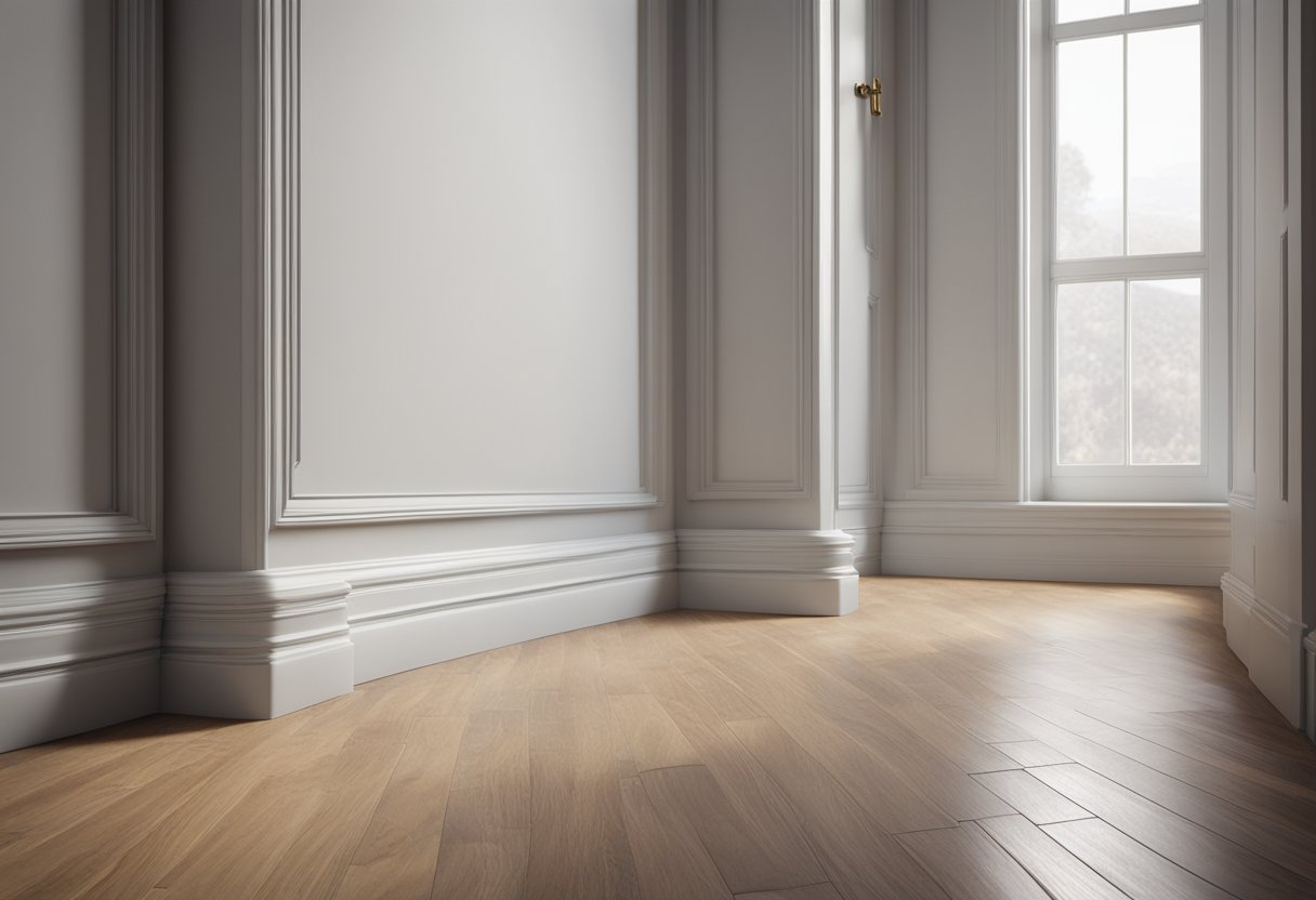 A room with a traditional skirting board on one side and a skirting board cover on the other. The traditional skirting board is scuffed and worn, while the cover looks clean and modern