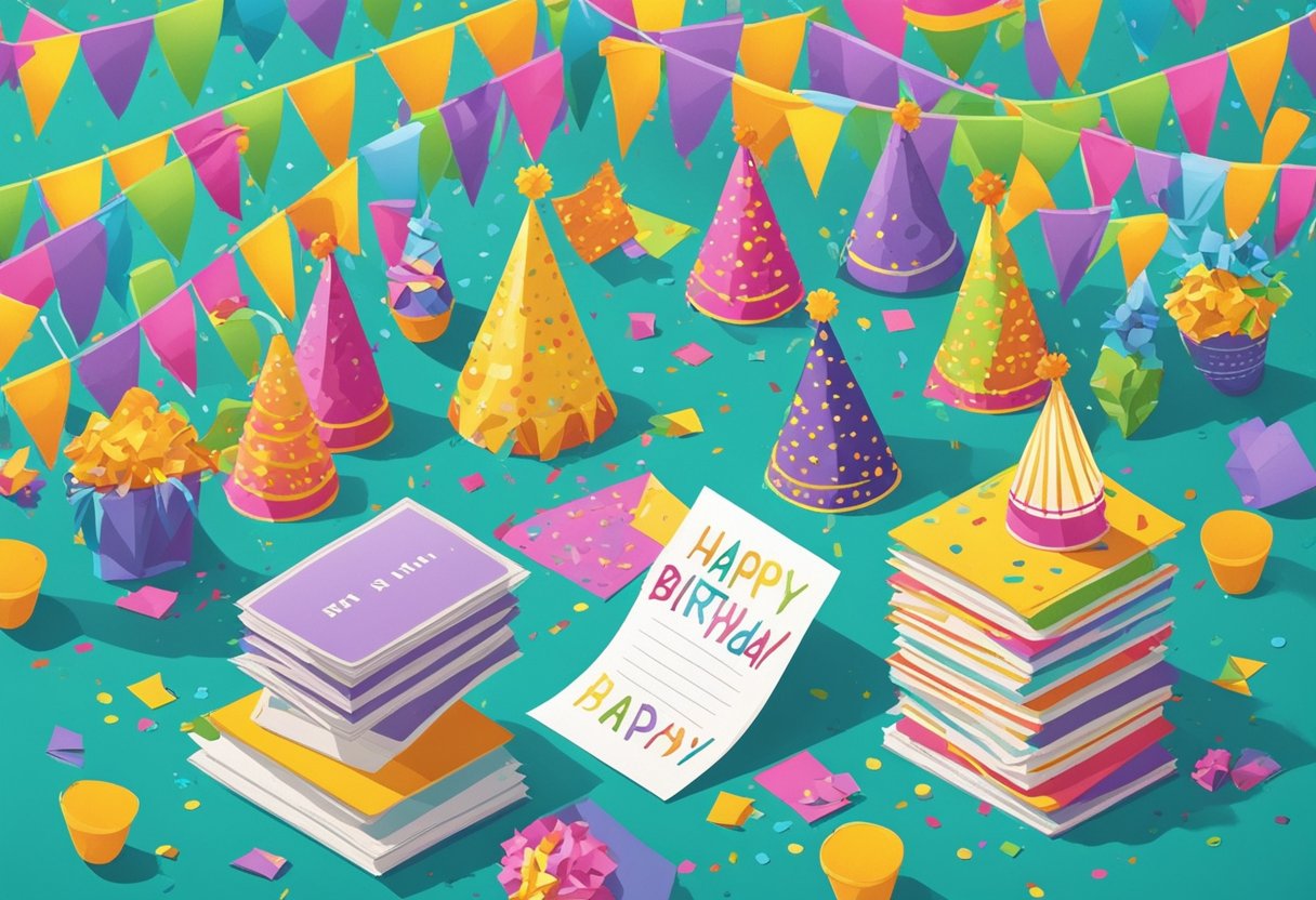 A colorful birthday banner hangs above a table covered in confetti and party hats. A stack of quote cards with funny birthday messages sits in the center
