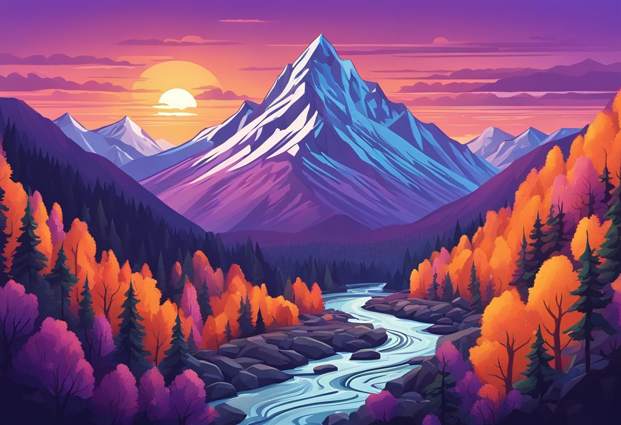 A rugged mountain peak looms in the distance, surrounded by dense forests and rushing rivers. The sky is a vibrant mix of oranges and purples as the sun sets, casting a warm glow over the landscape