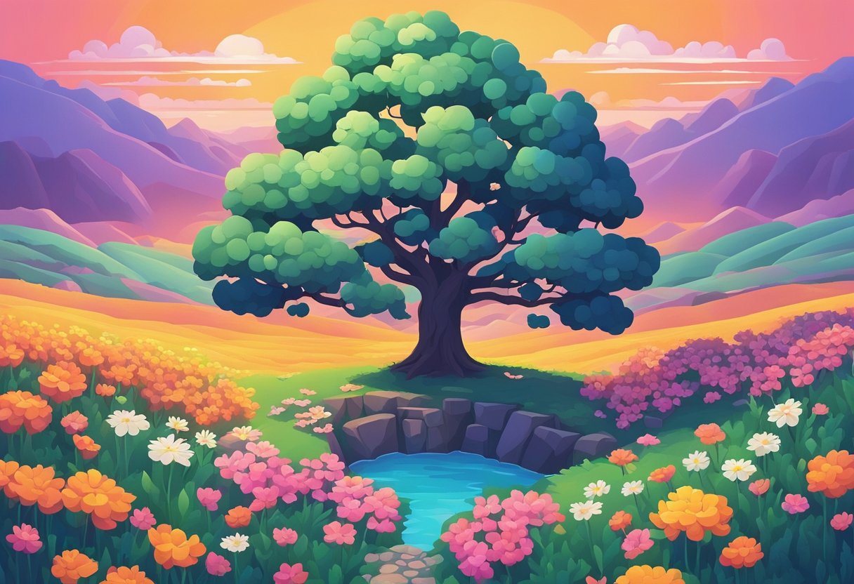 A serene landscape with a lone tree standing tall, surrounded by blooming flowers and a vibrant sunset in the background
