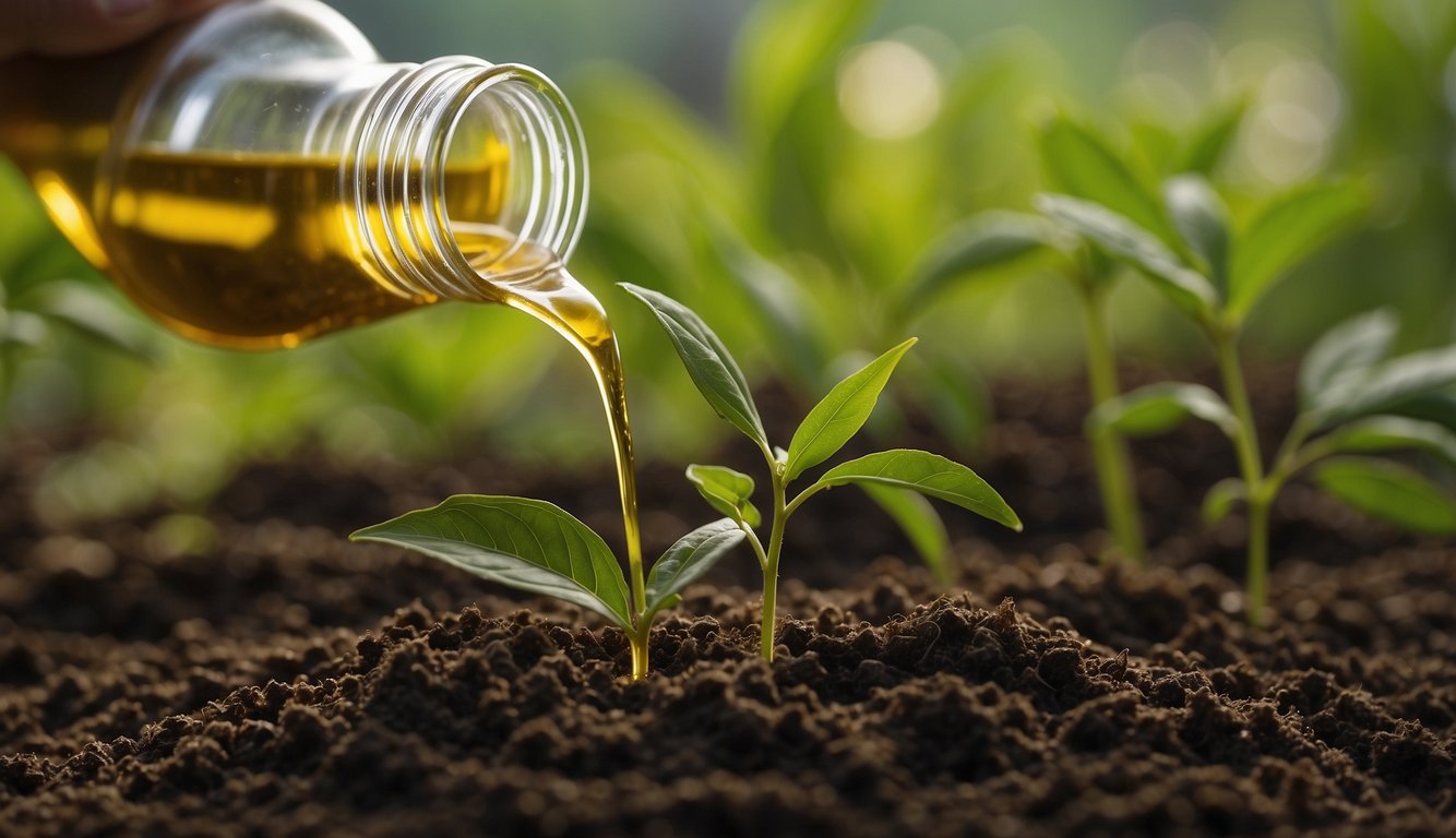 Neem oil is poured into the soil around a plant to prevent common pests and diseases