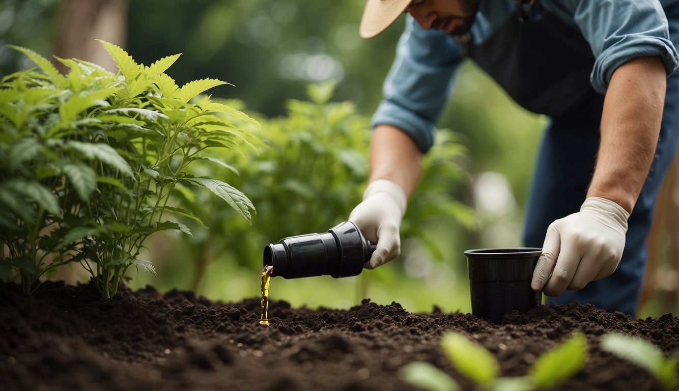 A gardener pours neem oil soil drench around the base of a healthy, green plant in an organic garden