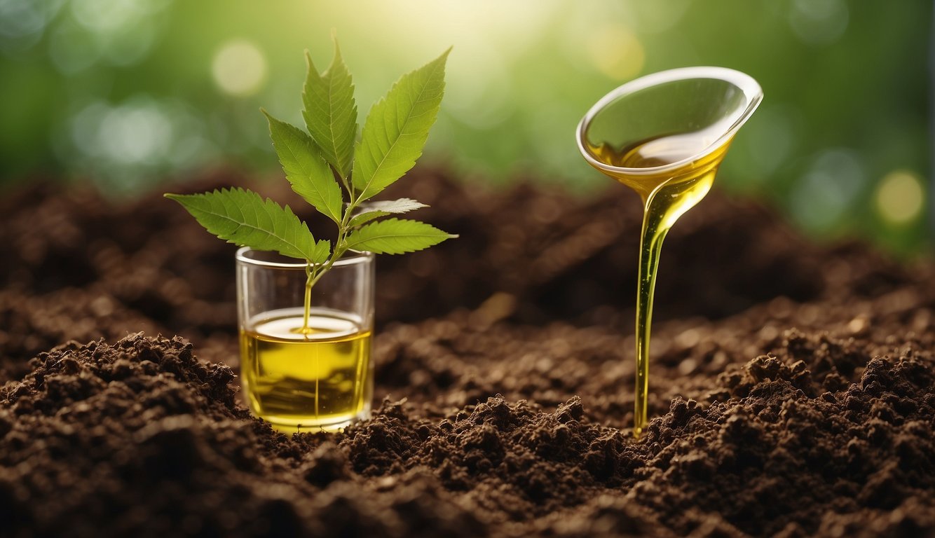 Neem oil being poured into soil, plants surrounding it