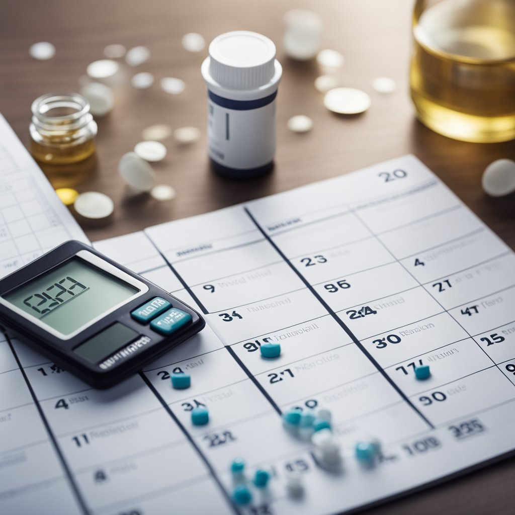 A calendar with days crossed off, a bottle of thyroid medication, and a scale showing decreasing numbers