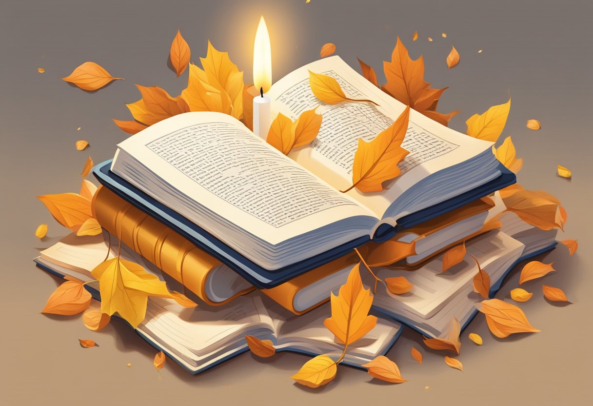 A pile of open books with pages fluttering in the wind, surrounded by fallen leaves and a single lit candle, symbolizing the fleeting nature of life