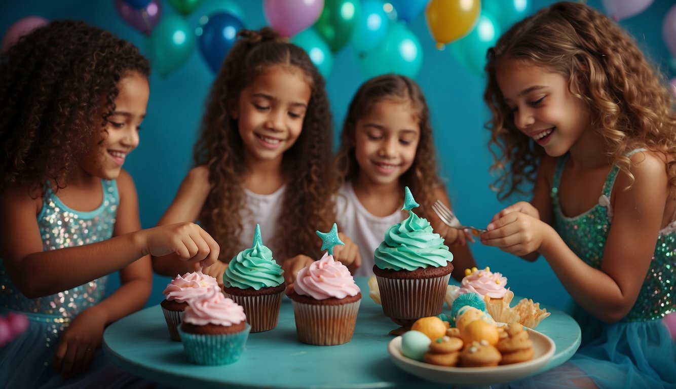 A group of mermaid children gather around a table, mixing ingredients and decorating underwater-themed cupcakes for a birthday party