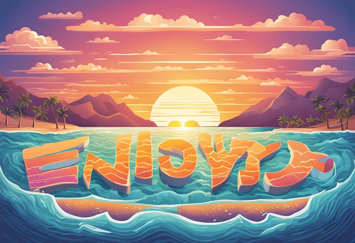 A vibrant sunset over a calm ocean, with the words "enjoy life" written in the sand