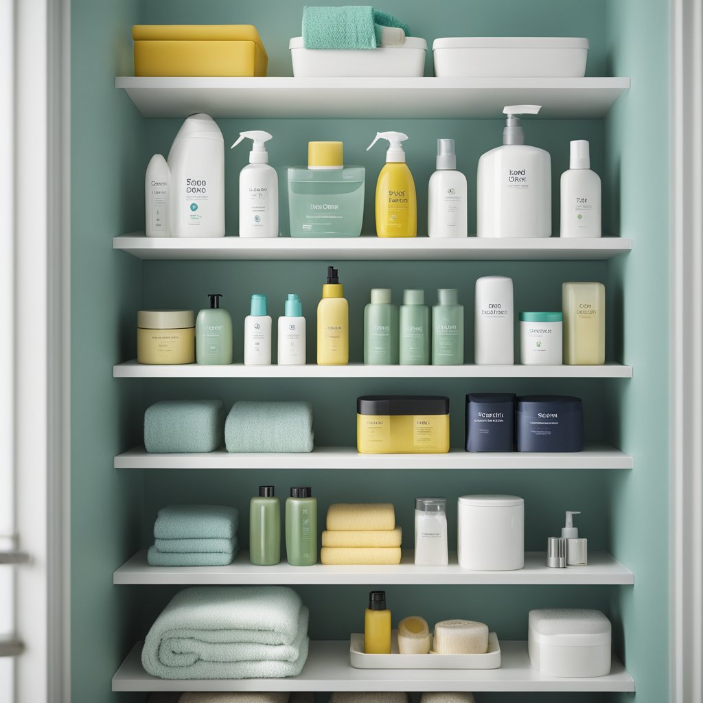 A clean and organized bathroom shelf with a variety of colon broom products neatly arranged