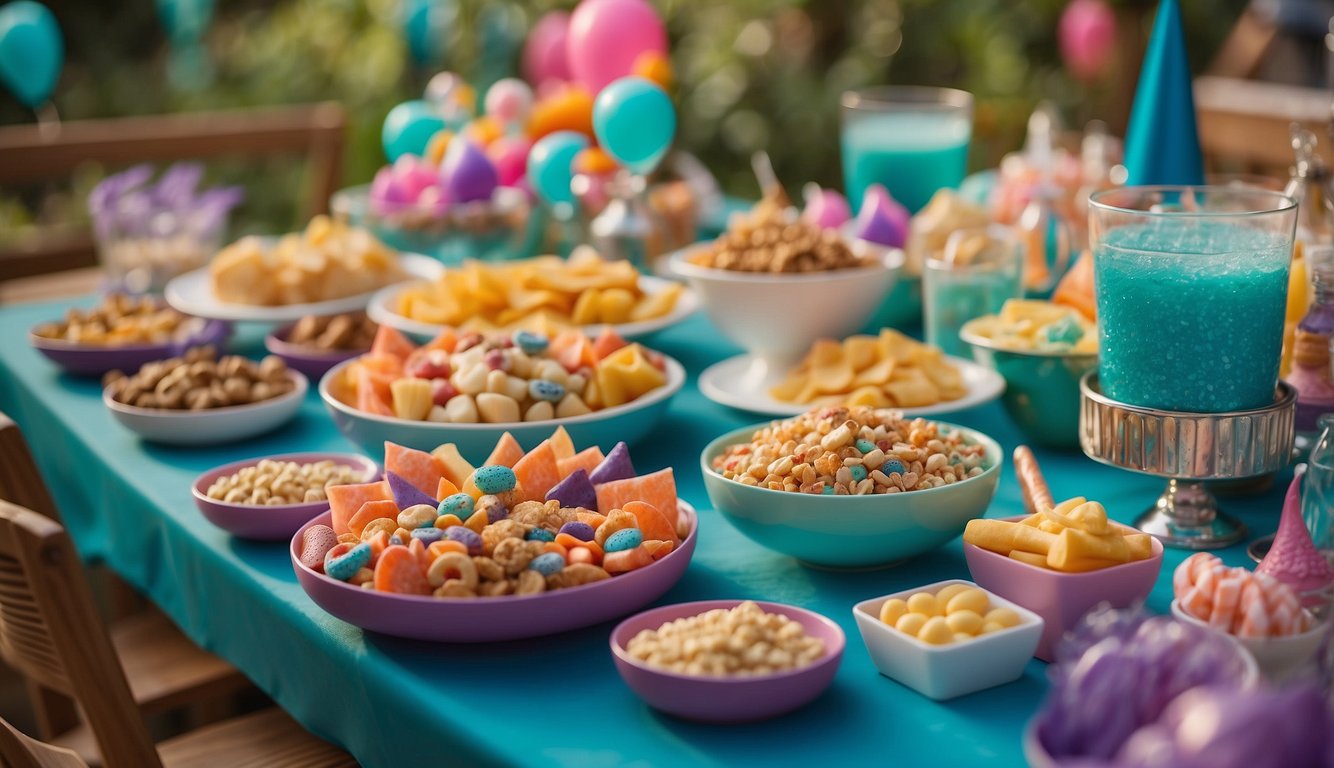 A table set with colorful undersea-themed party decorations and a variety of mermaid-themed snacks and treats for a children's birthday party