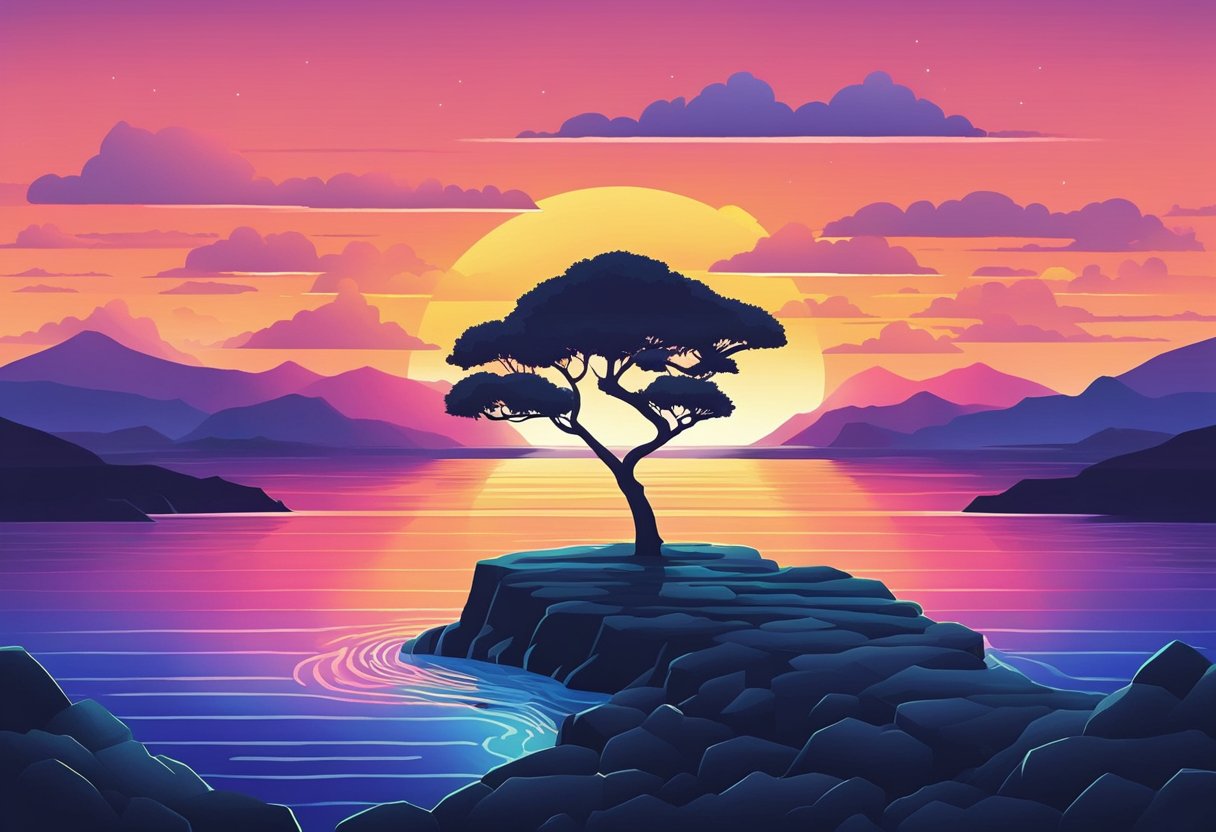 A serene landscape with a colorful sunset, a calm ocean, and a silhouette of a lone tree on the horizon