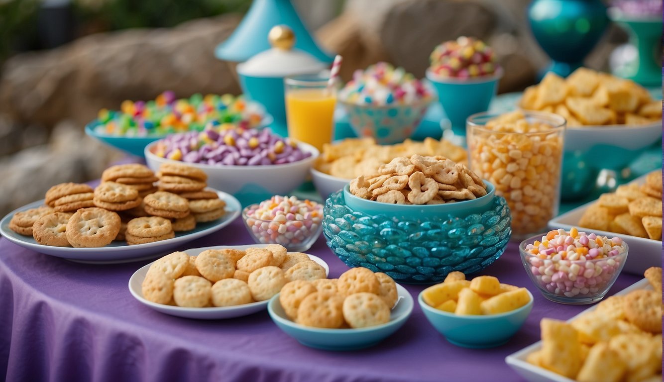 A table spread with colorful mermaid-themed snacks and finger food for a mermaid-themed children's birthday party