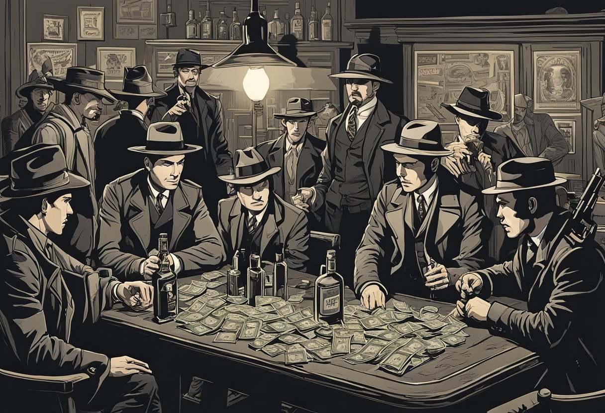 A dimly lit room with a cigar smoke haze, a table cluttered with guns, cash, and a bottle of whiskey, while a group of tough-looking men in fedoras and trench coats exchange menacing glances and spout off intimidating gangster