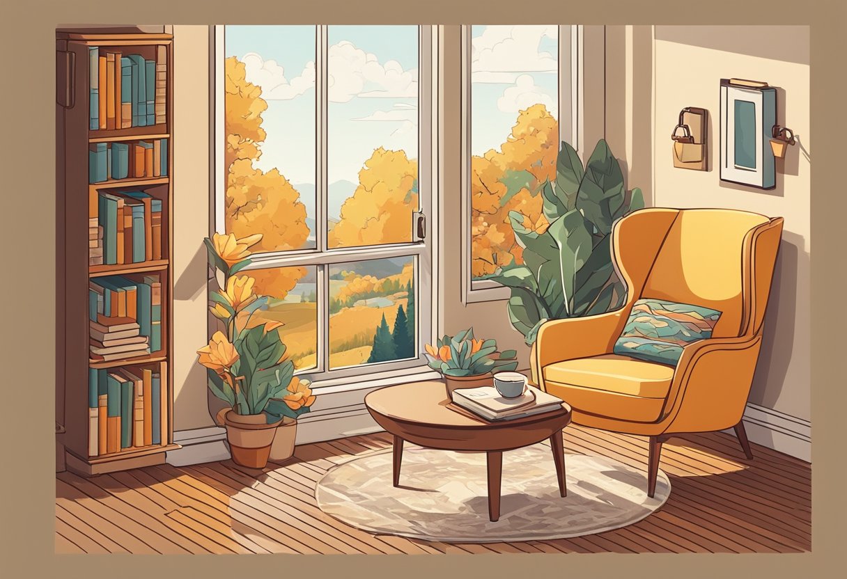 A cozy reading nook with a stack of books, a warm cup of tea, and a comfortable chair by a sunlit window
