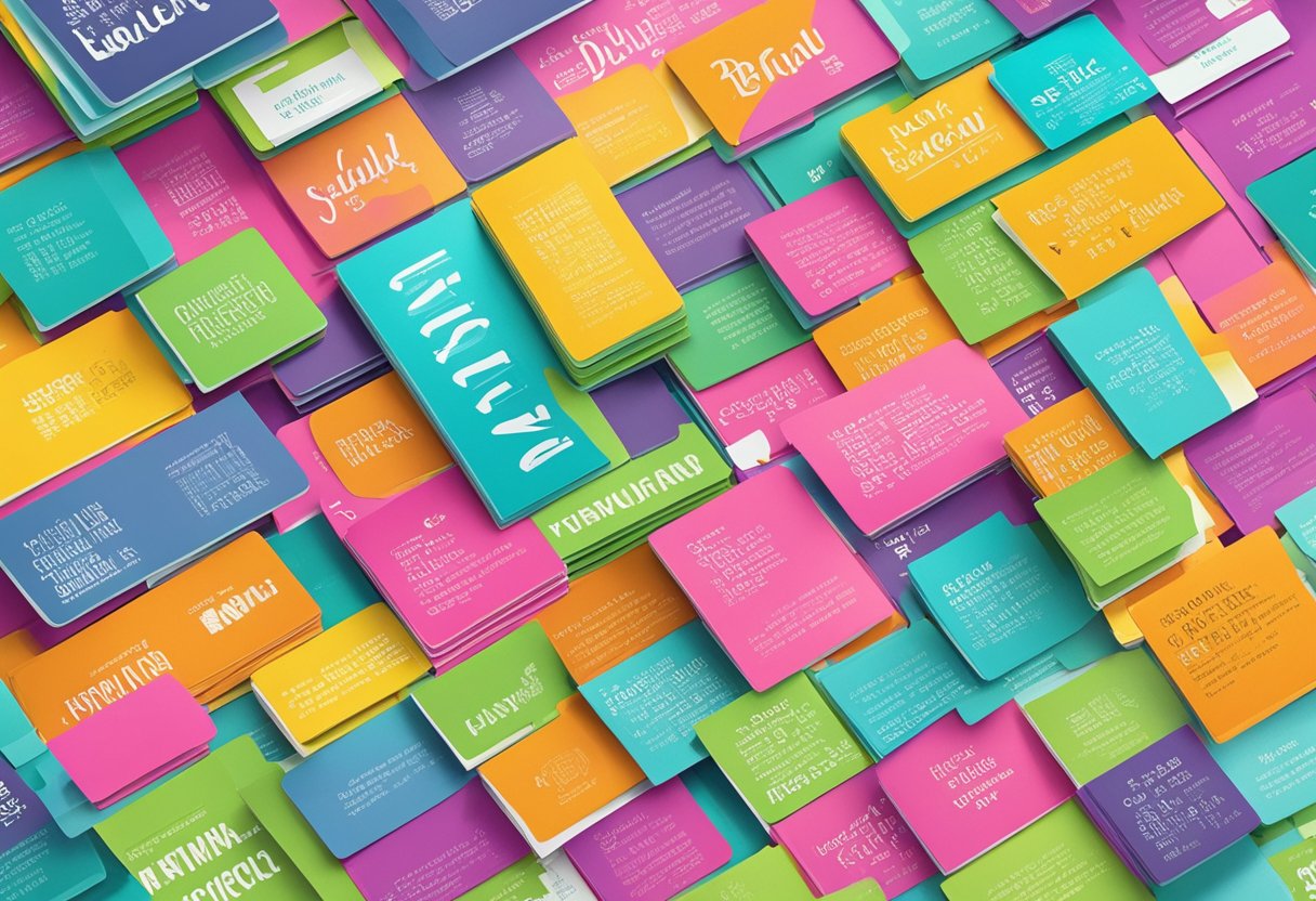 A stack of colorful quote cards arranged in a neat row, with bold, inspiring words written in various fonts and sizes