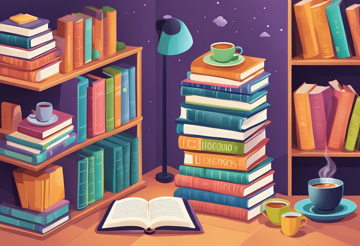 A stack of colorful books with "gg quotes" written on the spines, surrounded by a cozy reading nook with a warm blanket and a cup of tea