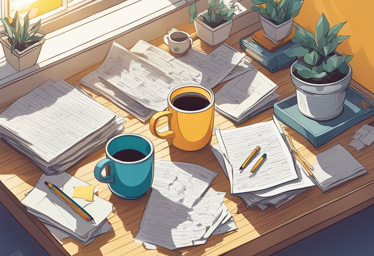 A cluttered desk with scattered papers, a steaming mug, and a pen. A window reveals a sunny day outside