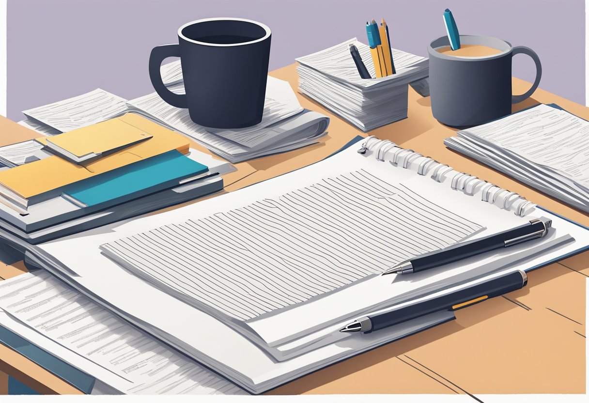 A stack of papers with quotes scattered on a desk. A pen lies next to them, ready to jot down more