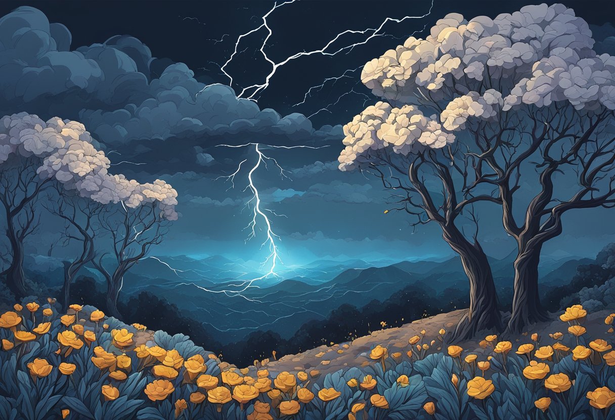 A dark stormy sky with lightning striking in the background, while a group of wilted flowers and barren trees stand in the foreground