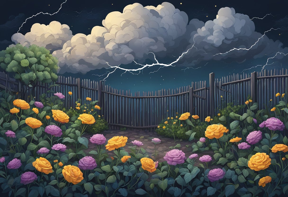 A dark stormy sky with lightning striking down, casting a gloomy atmosphere over a group of wilted flowers and a broken fence