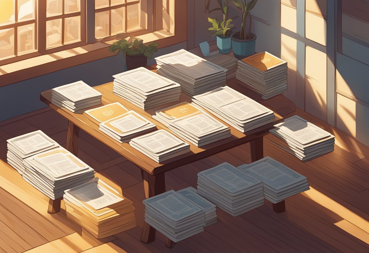 A table with a stack of quote cards, surrounded by a warm, inviting atmosphere. Sunlight streams in through a window, casting a soft glow on the cards