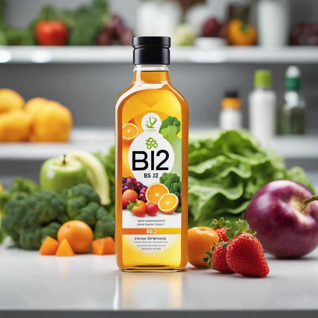 A vibrant bottle of liquid B12 sits on a clean, white countertop, surrounded by fresh fruits and vegetables. The label is bold and eye-catching, with the promise of energy and vitality