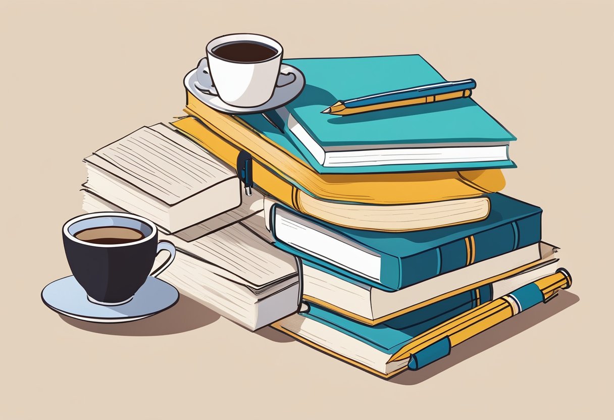 A stack of books with a pen resting on top, surrounded by scattered paper and a cup of coffee