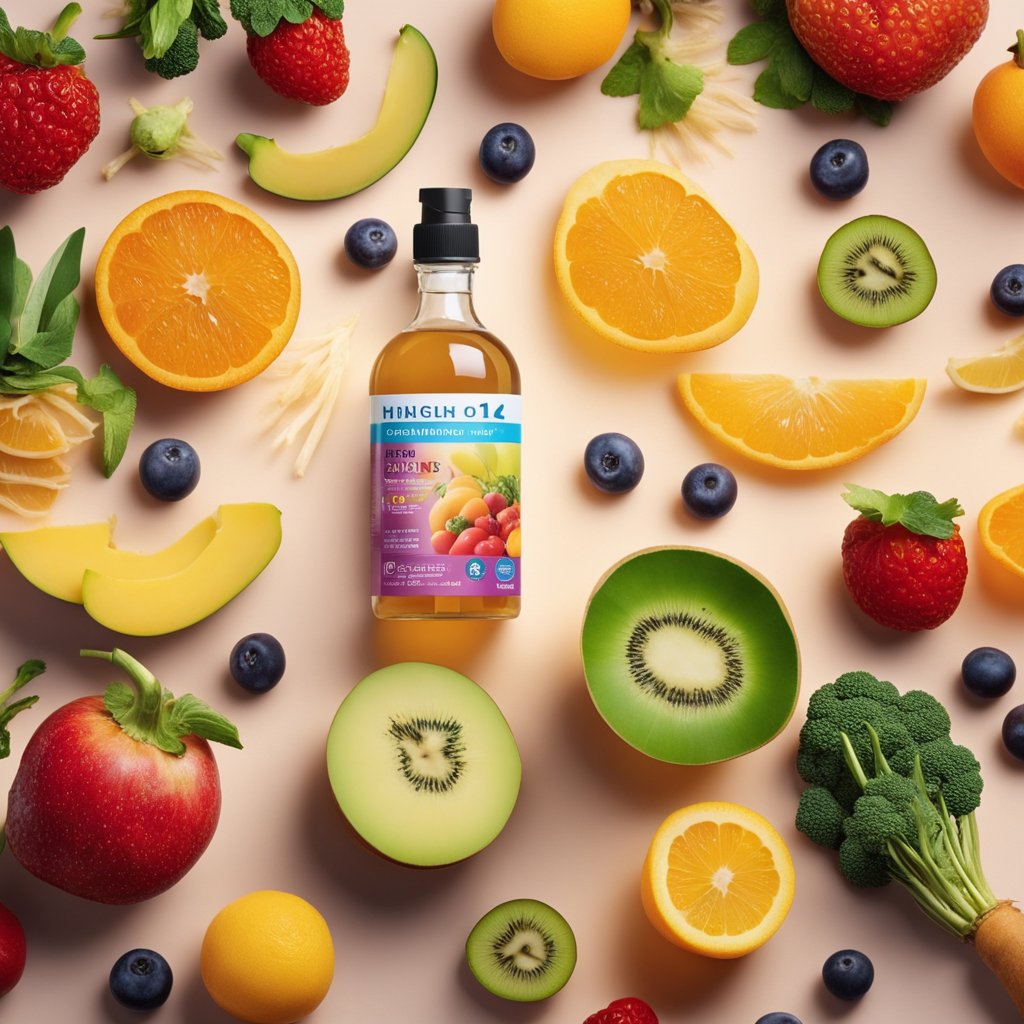 A bottle of liquid B12 stands on a table, surrounded by colorful fruits and vegetables. Rays of sunlight shine down, highlighting the importance of the vitamin for overall health