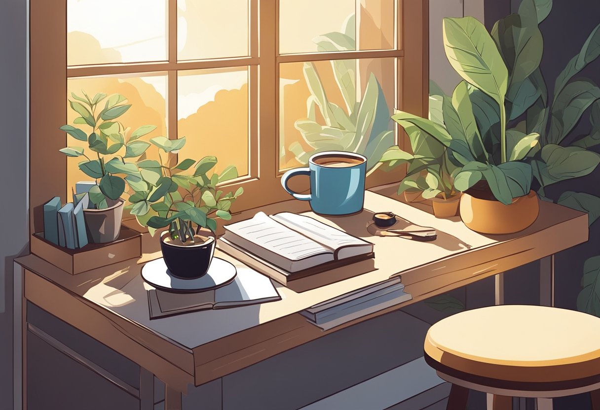 A clean, modern desk with a stack of books, a potted plant, and a cup of coffee. The sunlight streams in through a window, casting shadows on the surface