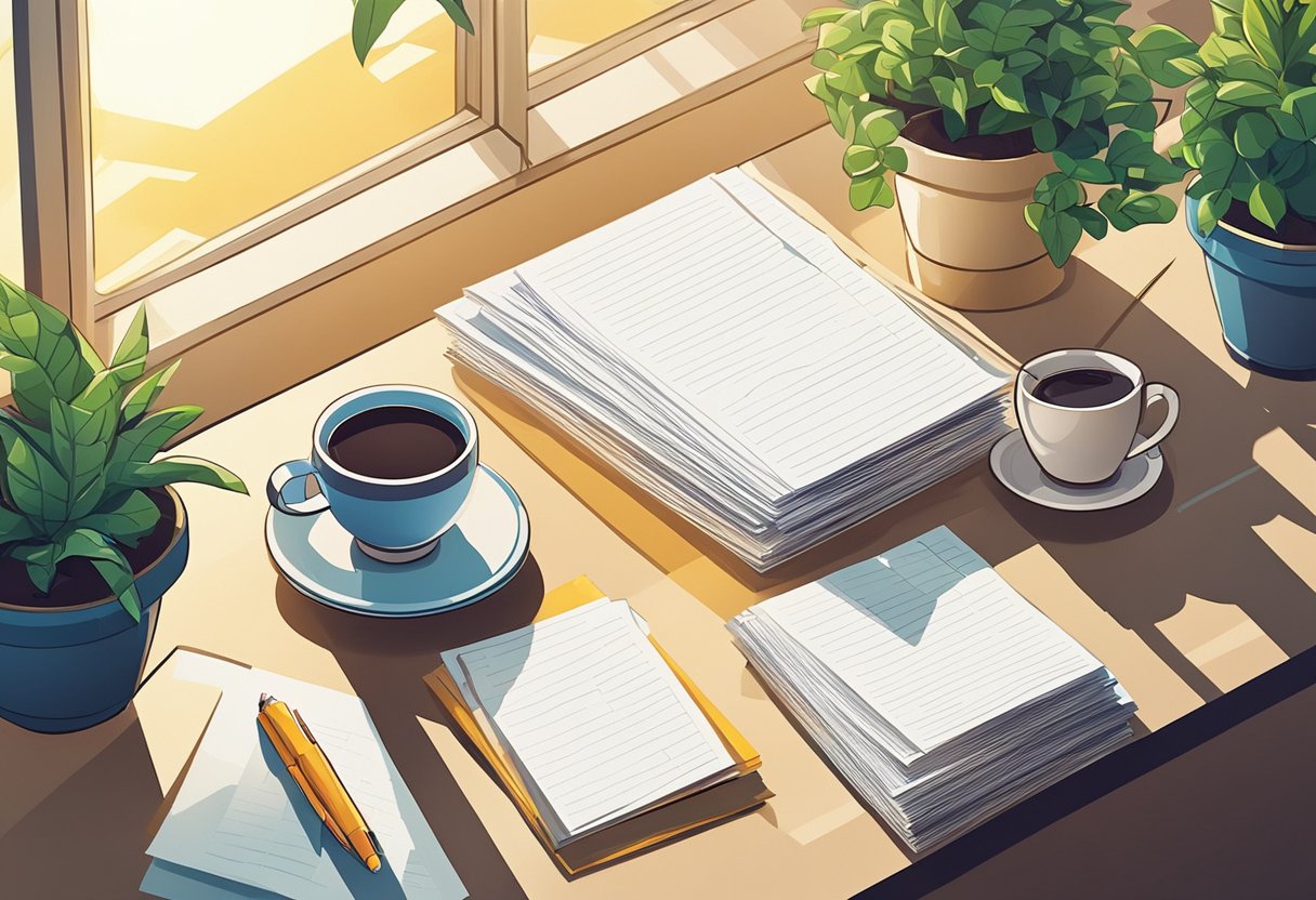 A table with a stack of papers, a pen, and a cup of coffee. A window with sunlight streaming in. A potted plant in the background