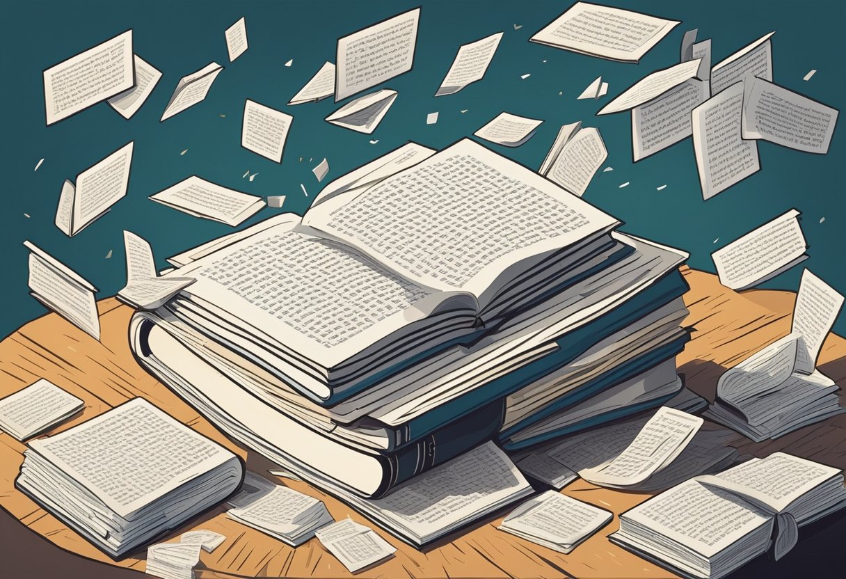 A pile of open books with pages fluttering in the wind, surrounded by scattered quote cards and a pen resting on a blank sheet of paper
