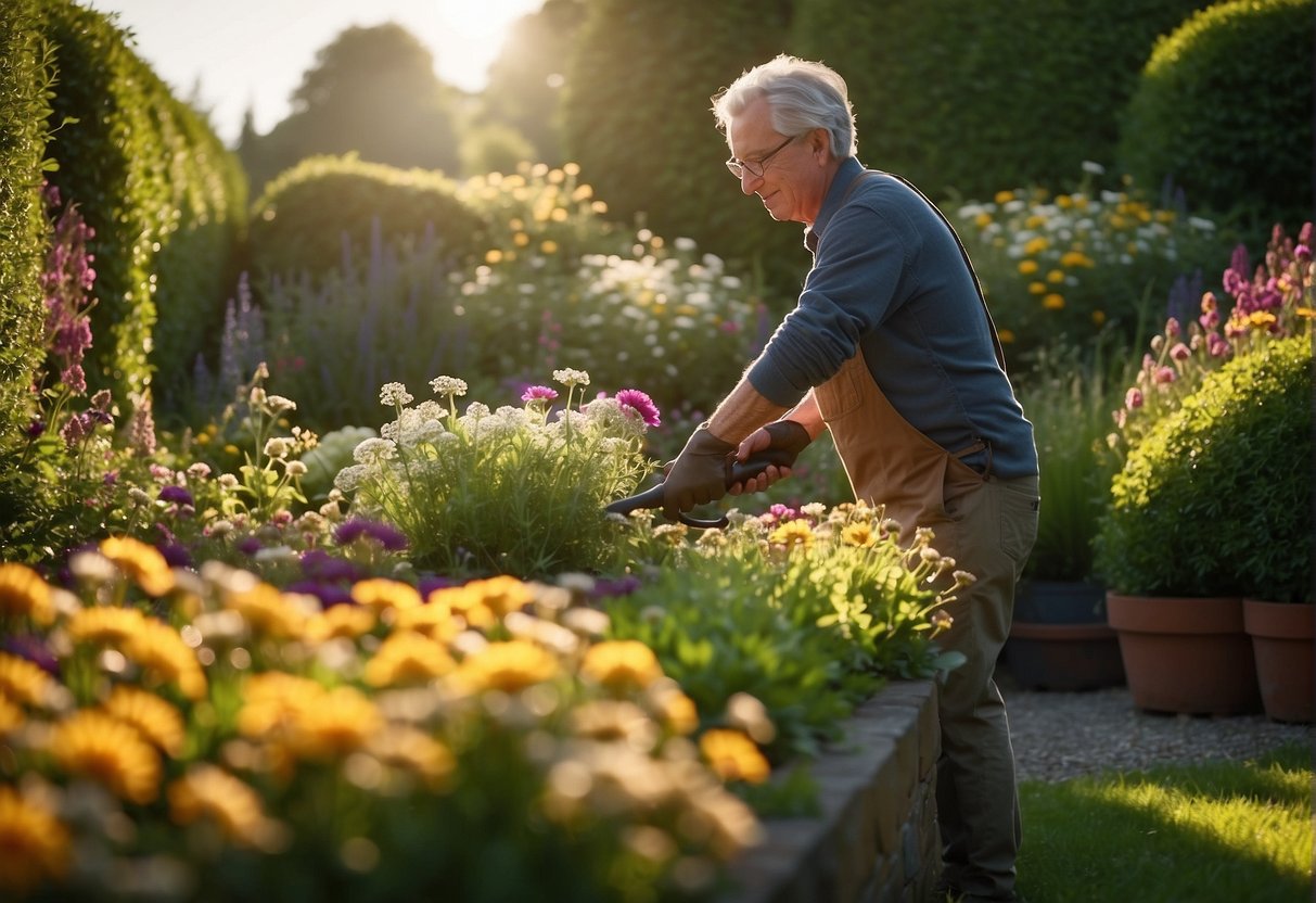 A gardener tends to a lush, green garden in Ireland, surrounded by colorful flowers and neatly trimmed hedges. The sun shines down, casting a warm glow over the serene scene