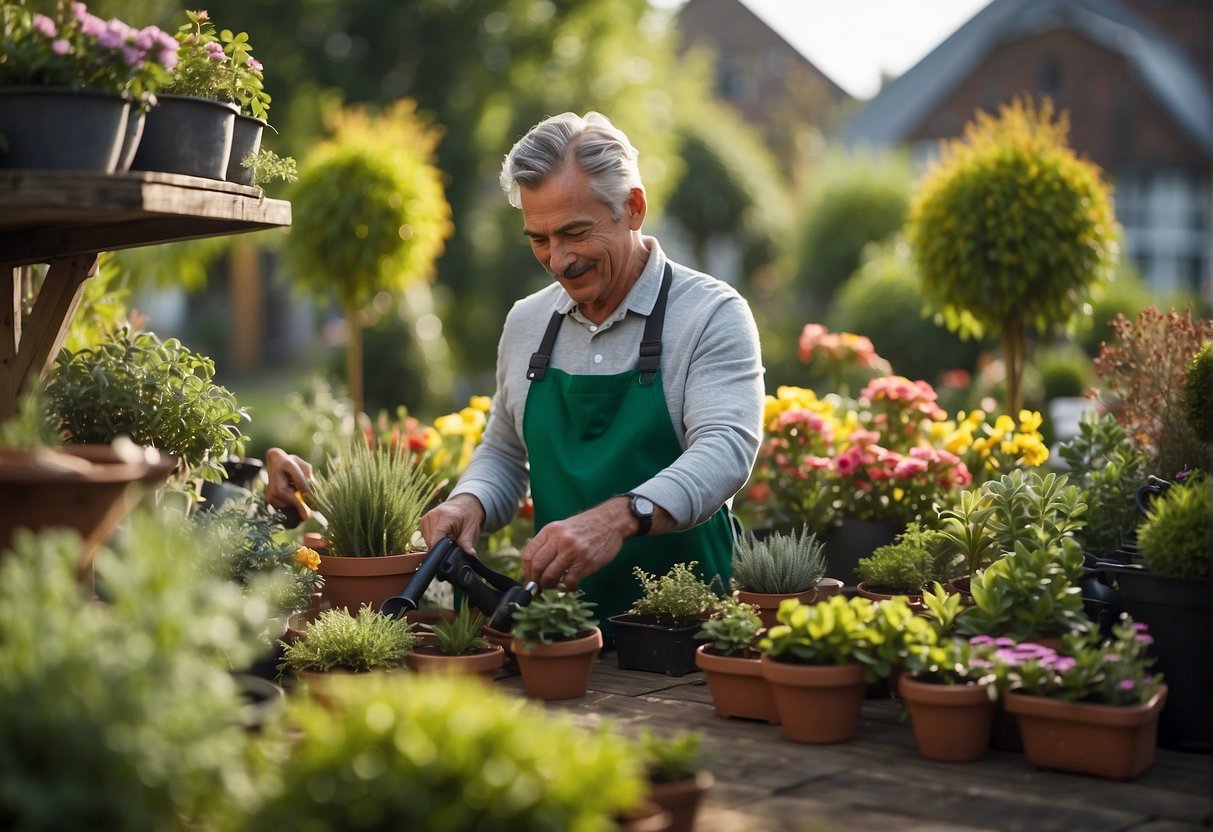 A gardener tends to various plants in a well-maintained garden, surrounded by tools and equipment. A price list or invoice is visible nearby