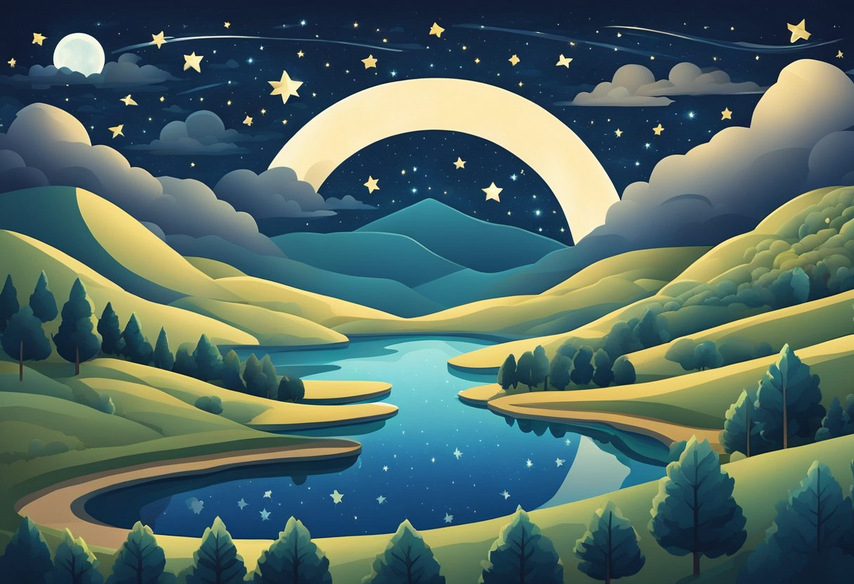 A starry night sky with a crescent moon, casting a soft glow over a tranquil landscape of rolling hills and a calm, reflective body of water